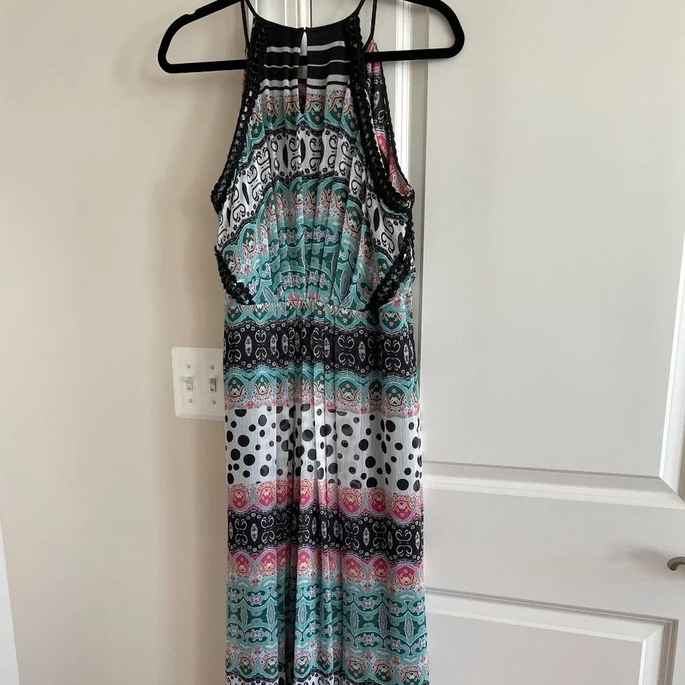 V Cristina Sleeveless Maxi Dress High Neck Pleated Crochet Beaded Trim - SZ L - Picture 7 of 7